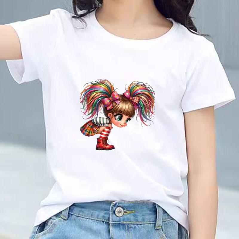 Kids Cotton T Shirt Rainbow Hair Girl Wear Plaid Skirt Print Crew Neck Short Sleeve Tee Casual Boys Girls Summer Tops