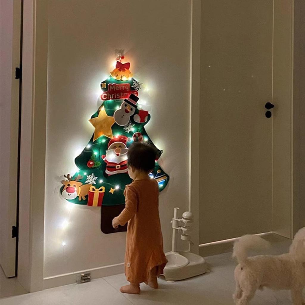 Kinder-Weihnachtsbaum mit 3m Lichterkette LED-Anhänger Filz-Wand-Weihnachtsbaum für Schlafzimmer Kinderzimmer Außen Innen Kindergarten
