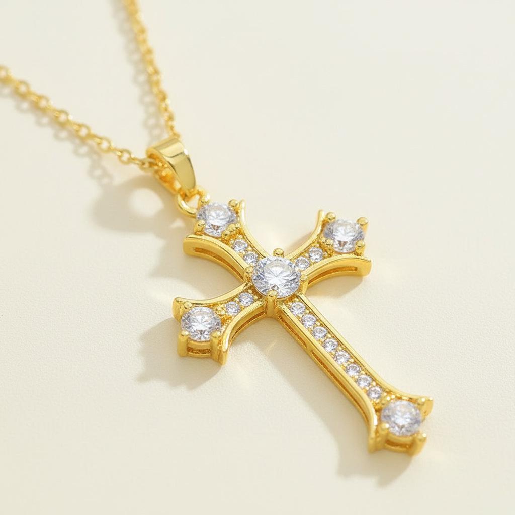 Women's Versatile Cross Necklace with Geometric Zircon Pendant and Full Diamond Accents