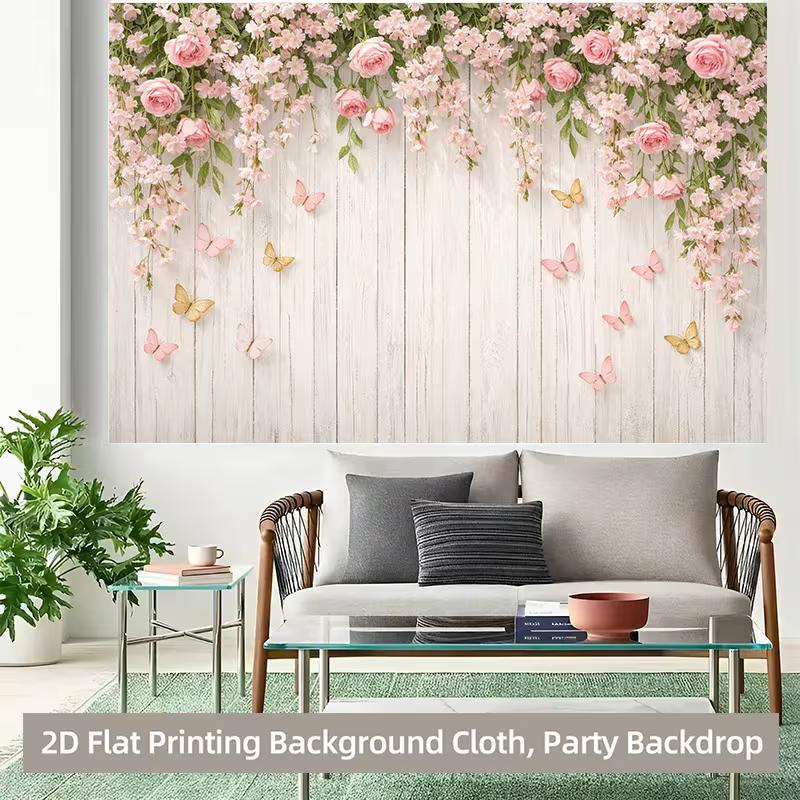 2D Flat Printing White Wood Plank Background Cloth with Pink Flowers for Birthday Party Photoshoot