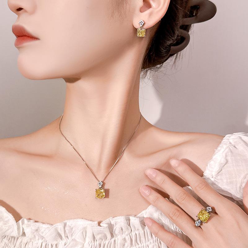 Jewelry Set Square High Carbon Yellow Women's Earrings Rings Necklaces Niche High-end Versatile