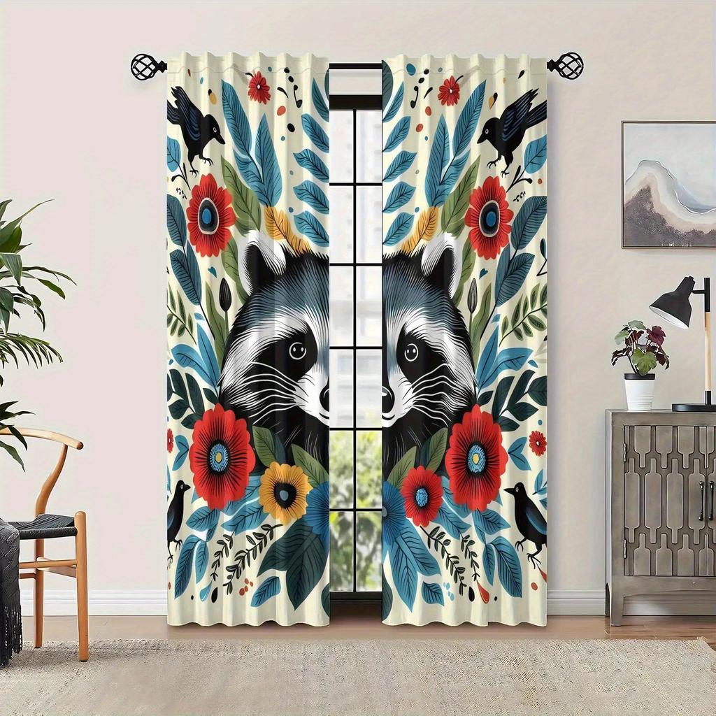 curtainBIIHUDU Raccoon& Floral Print Curtains- Vibrant Blue   Black& White Design with Colorful Flowers   Rod Pocket for Easy Hang