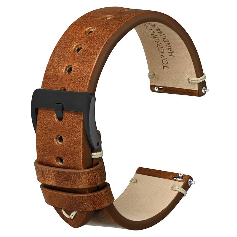 

[Anbeer] 20mm watch band military type top grain leather Quick Release watch baltic light brown black buckle