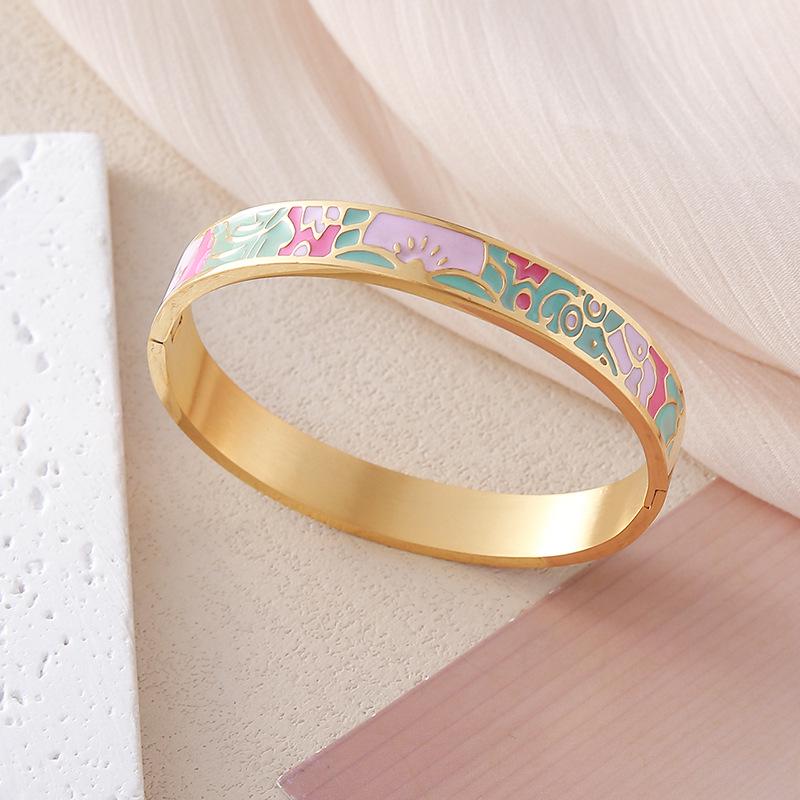 European and American Bestseller: 18K Gold Plated Titanium Steel Enamel Bracelet - Women’s Colorful Drip Oil Light Luxury Jewelry.