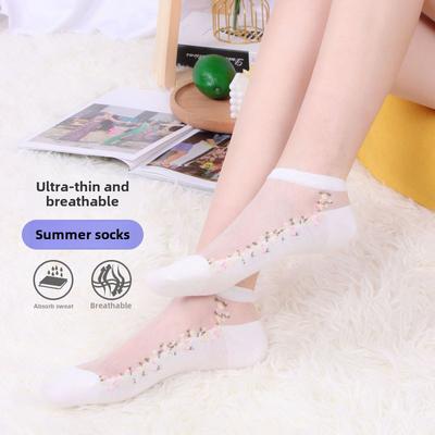 5 Paar Socken für Damen Frühling/Sommer Dünne Blümchen Kristall Seide Bootssocken für Damen Unsichtbare Socken Atmungsaktive Glasstrümpfe