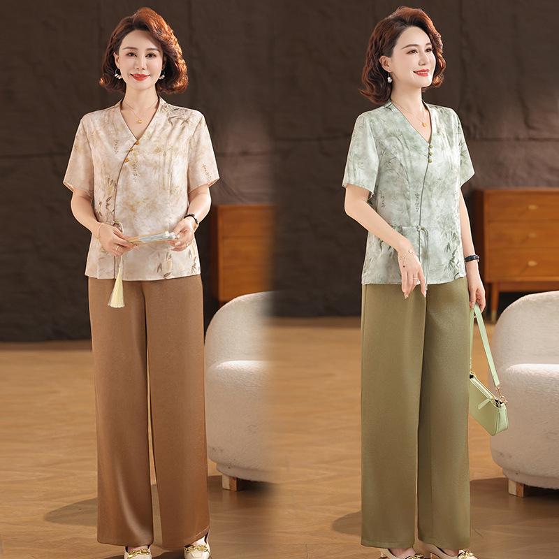 2026 New Summer Two-Piece Set: Elegant Short-Sleeve Top for Mothers & Elderly Women