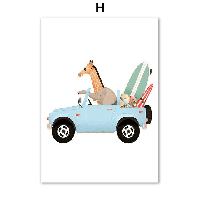 Giraffe Elephant Bear Animal Car Travel Canvas Painting Kindergarten Wall Art Nordic Posters and Printmaking Murals