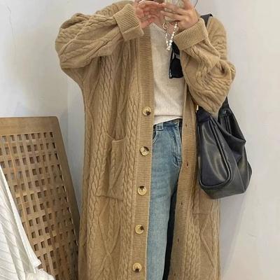 Cardigan pull tricoté mi-long et long au-dessus du genou style paresseux automne torsade nouveau poche pull tricoté manteau extérieur