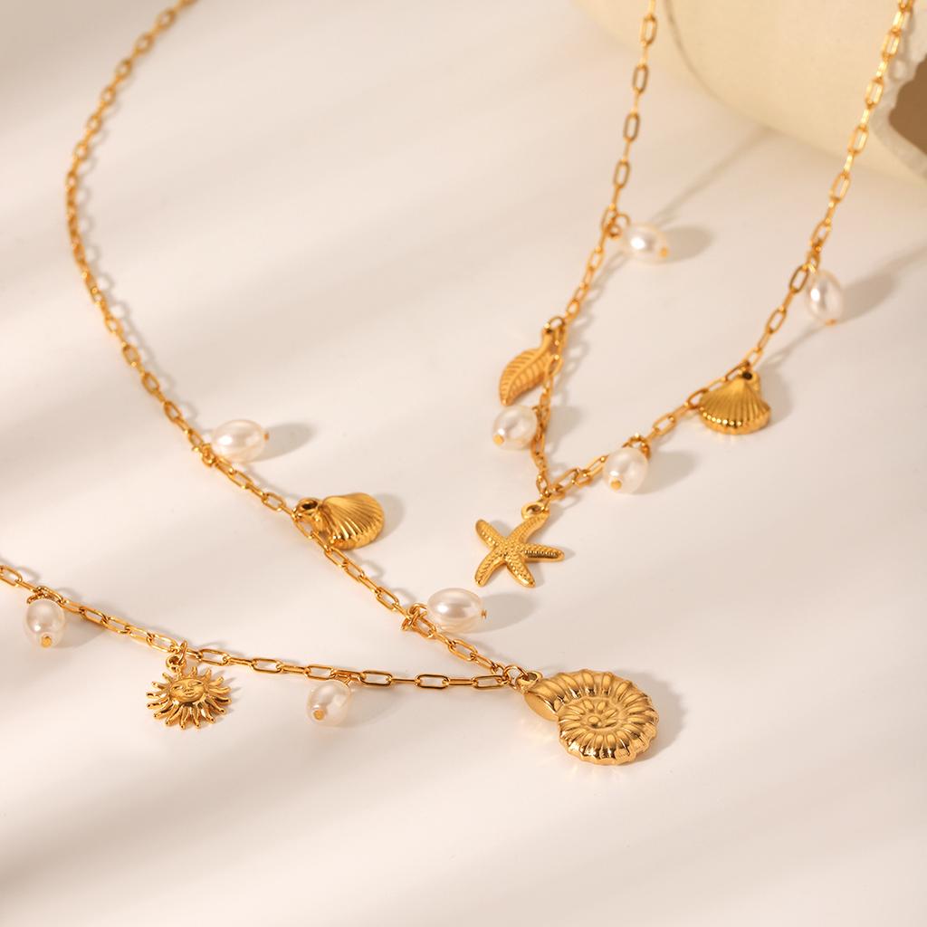 Beach Starfish Shell Pendant Necklace with Pearl Accents for Women