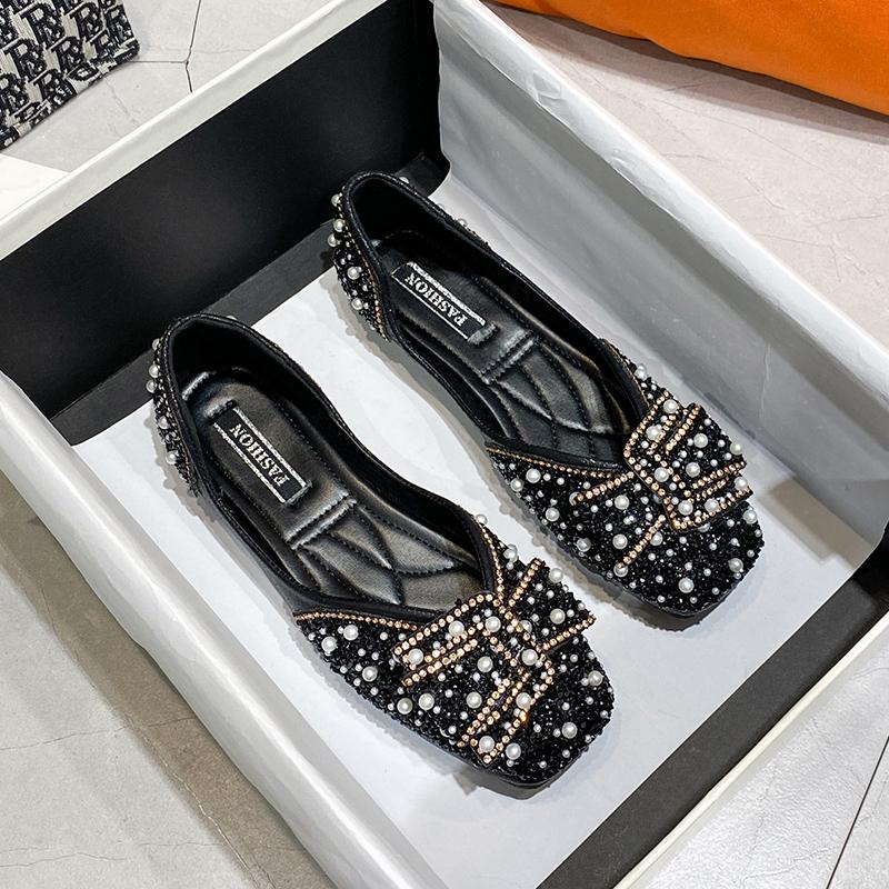 Designer Glitzer Kristall Perlen Ohrstecker Ballettschuhe Damen Quadratische Zehenpartie Loafer Gemütliche Flache Ballerinas Mokassins
