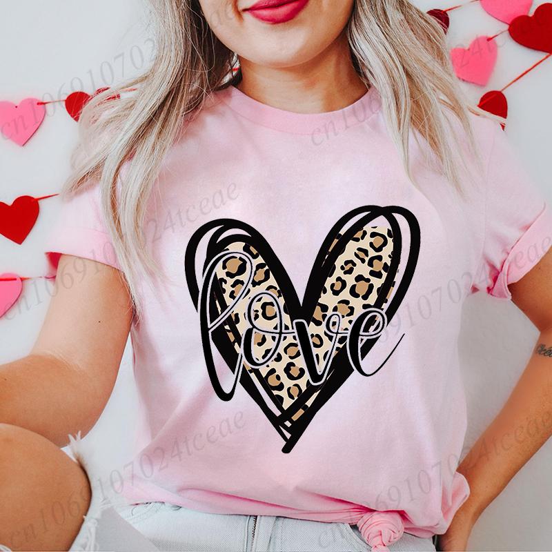 Women's T-Shirts Clothing Valentine Leopard Love Heart Print Tees Breathable Tshirt Loose T-Shirts Harajuku Casual Short Sleeve