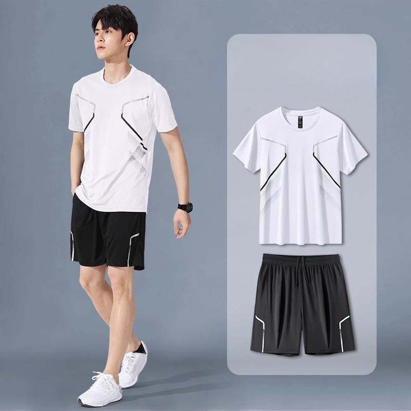 Summer Sportswear Men Gradient Printed Badminton Set Outdoor Running T-shirt and Shorts Comfortable and Breathable Clothing