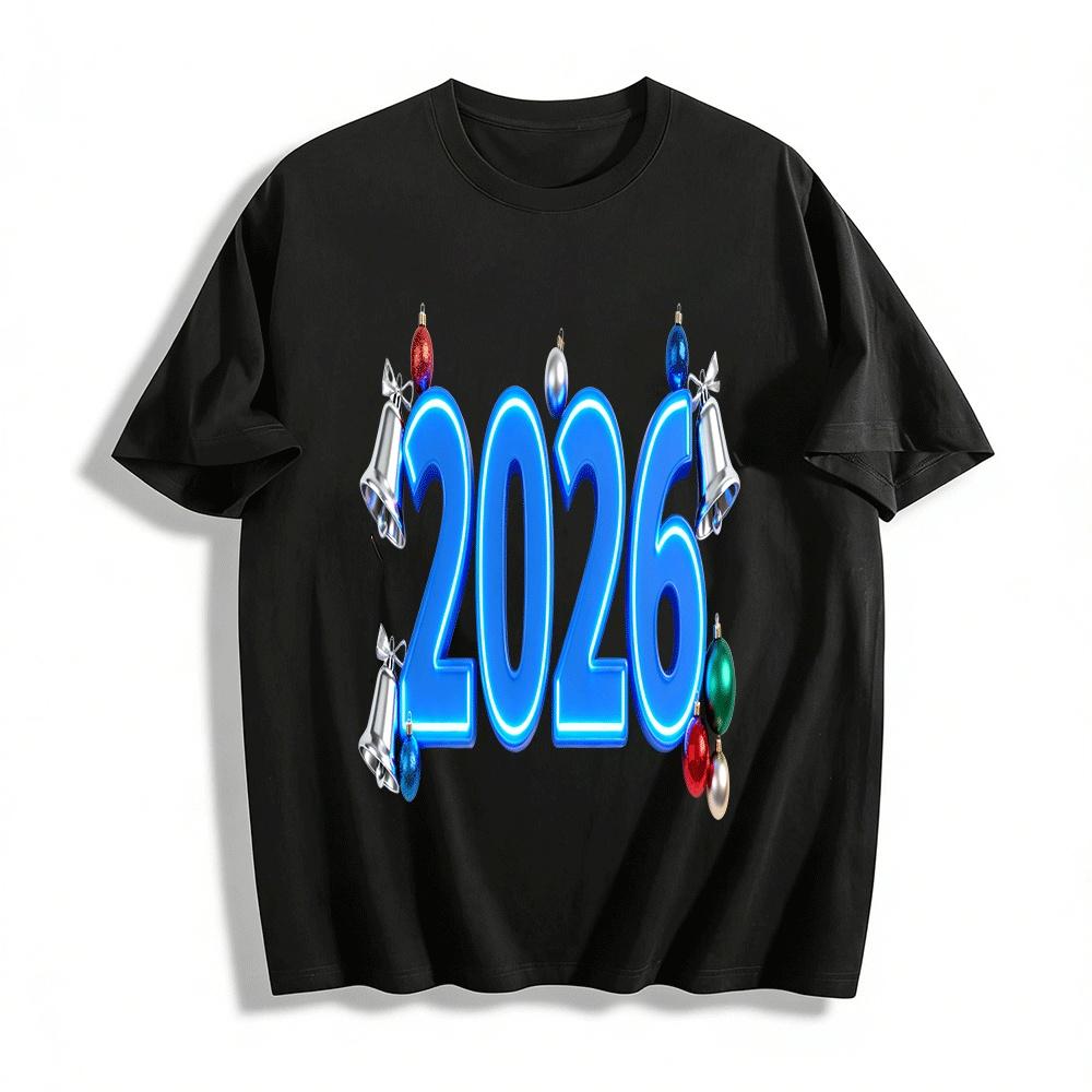 

2026 New Year Themed Print Casual Versatile Holiday Top For Men Women Pure cotton T-shirt XXS