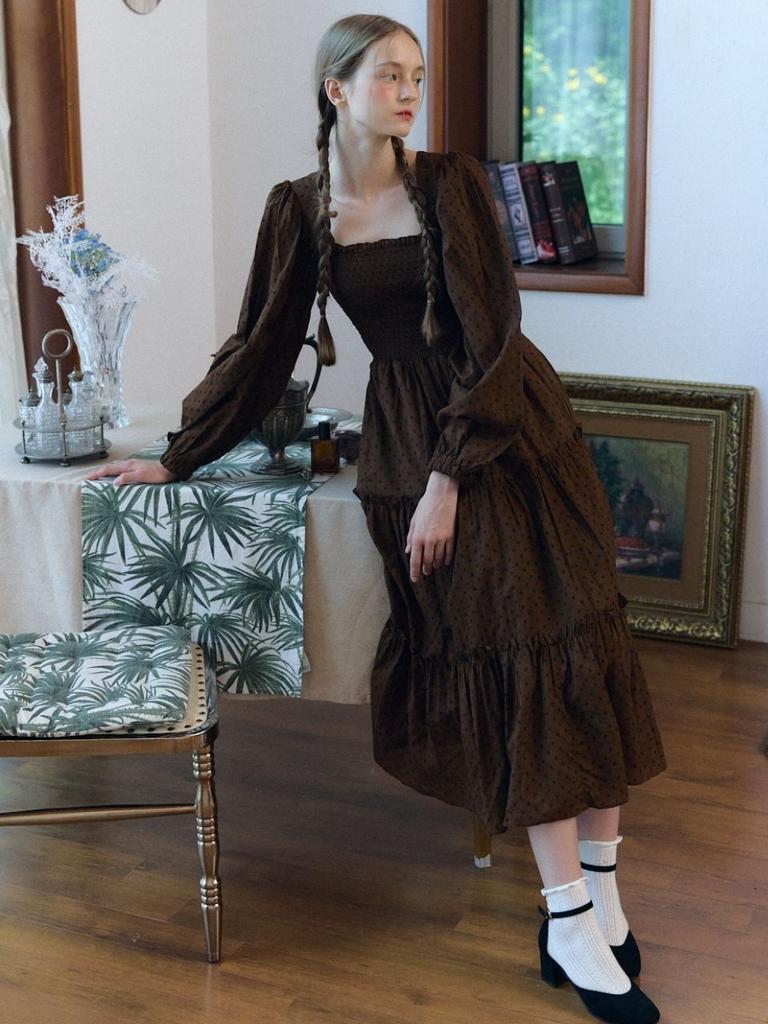 Fabric Seoul Dot Smocking Frill Dress_Brown
