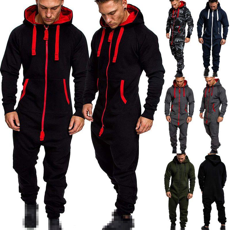 Hooded Men's Long Sleeve Camouflage Onesie Jumpsuit For Casual Wear**
