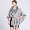 Women Cape Faux Fur Shawl Wrap Poncho with Faux Fur Trim Female Winter Knitted Front Cardigan Shawls Sleeveless Cardigan Cloak Coat for Party