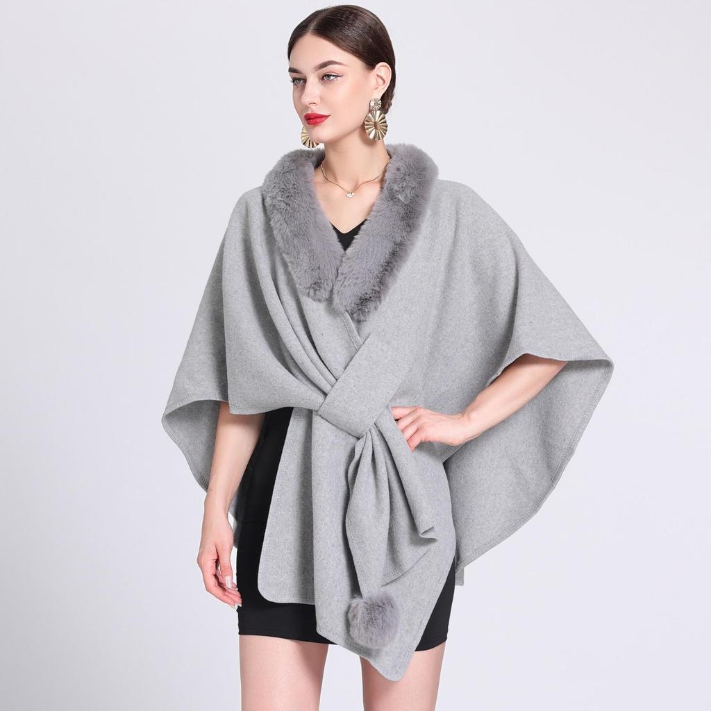 Women Cape Faux Fur Shawl Wrap Poncho with Faux Fur Trim Female Winter Knitted Front Cardigan Shawls Sleeveless Cardigan Cloak Coat for Party