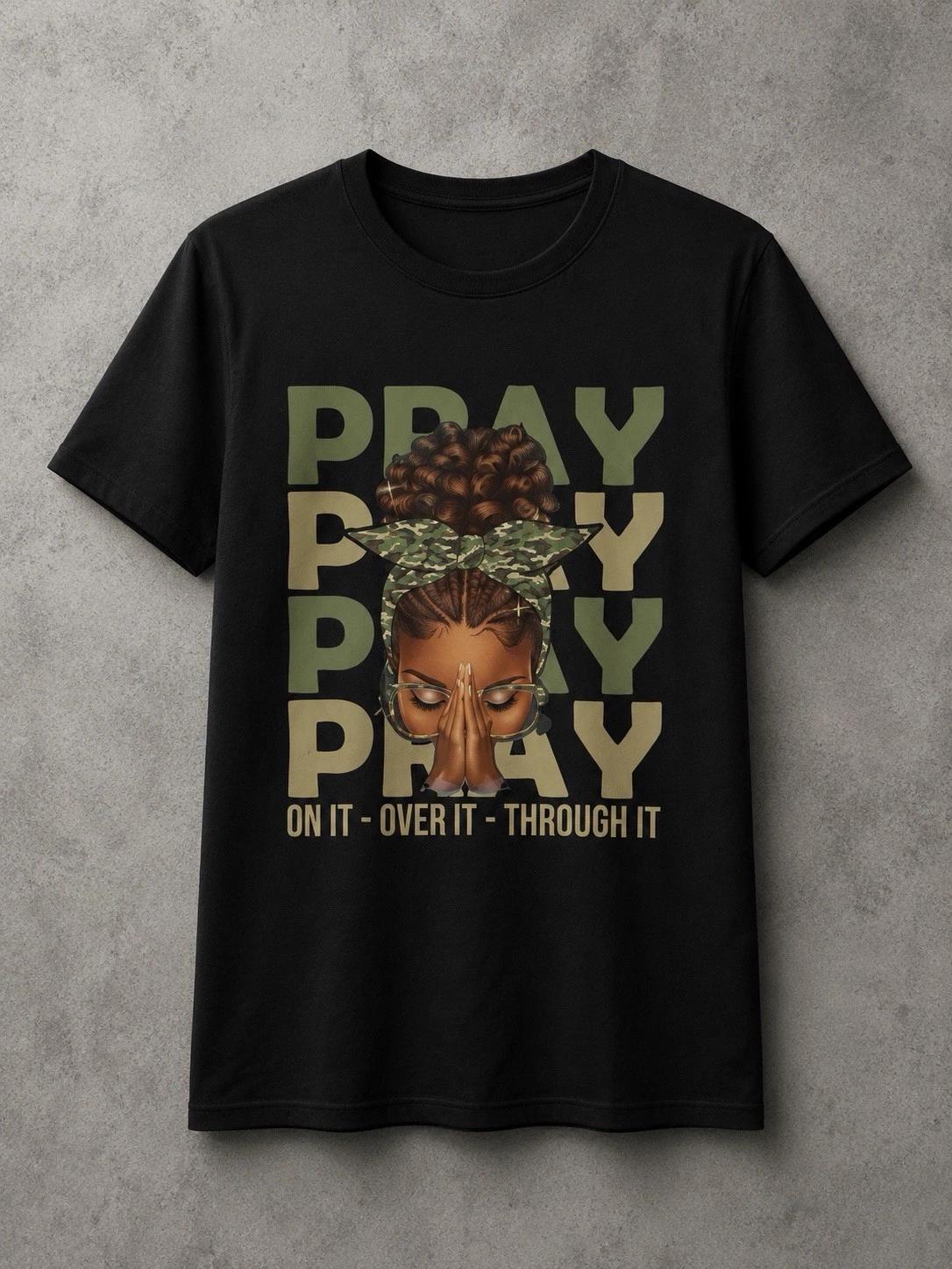 Pray Pray Pray Faith Graphic T-Shirt Inspirational Christian White Tee S