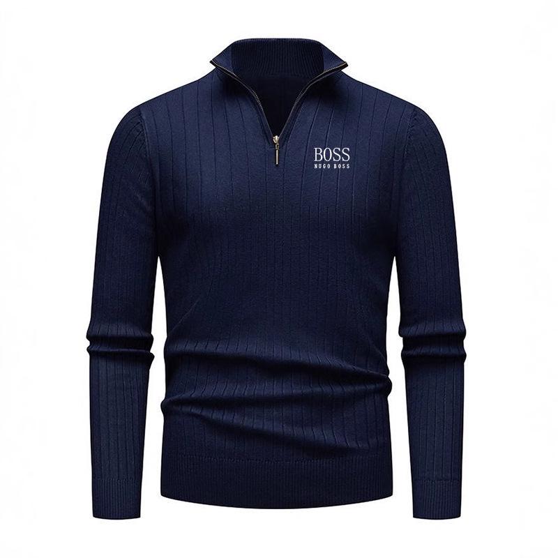 Herrstickad tröja med halv dragkedja och uppstående krage, broderad - Höst/Vinter, vertikala ränder