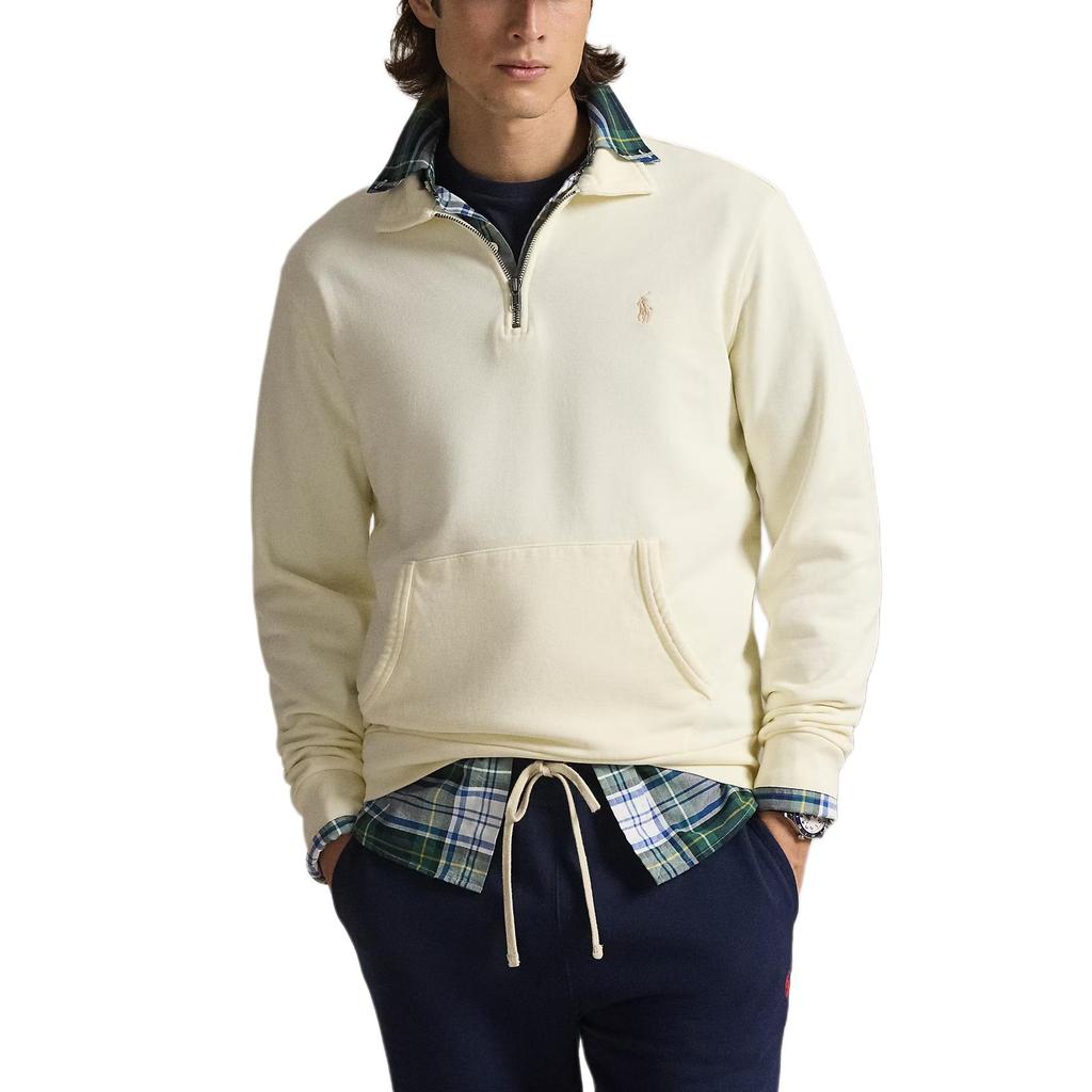 Polo Ralph Lauren FW24 Jednobarevná mikina s polokošilovým límcem a malým vyšitým poníkem, se zapínáním na půl zip, s dlouhým rukávem, pro muže, barva krémová, MNPOKNI16823633-101