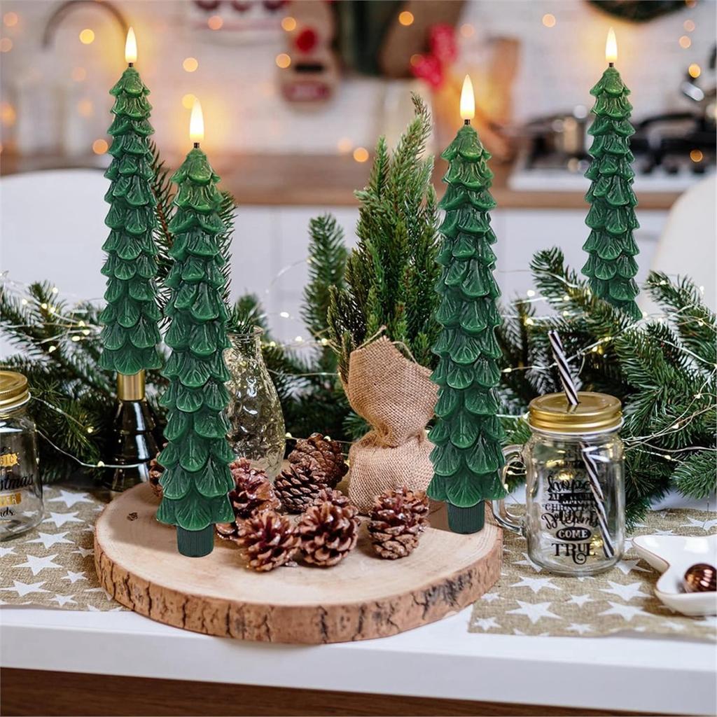 Christmas Tree Candles with Remote Timer, 2pcs Flameless LED Taper Candles Battery , Green Waxy Christmas Candlesticks