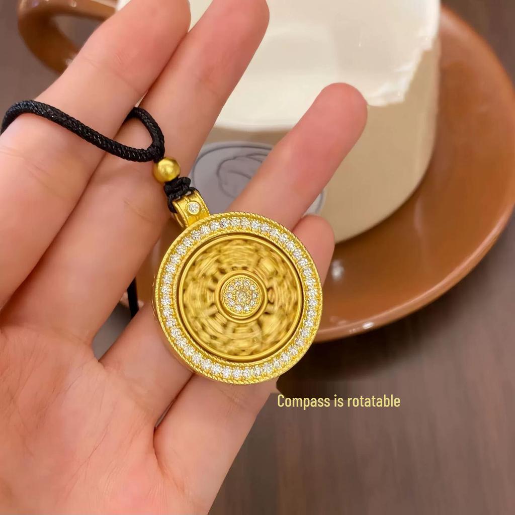Antique Gilded Brass Compass Necklace with Inlaid Diamond, Eight Treasures Pendant, and Lucky Clavicle Chain for Women.
