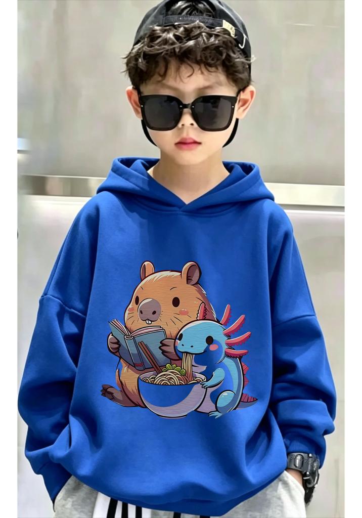 Y2K themed children's sport hooded shirt - Latest design - Little Buffalo Eating Noodles double-sided printed top
