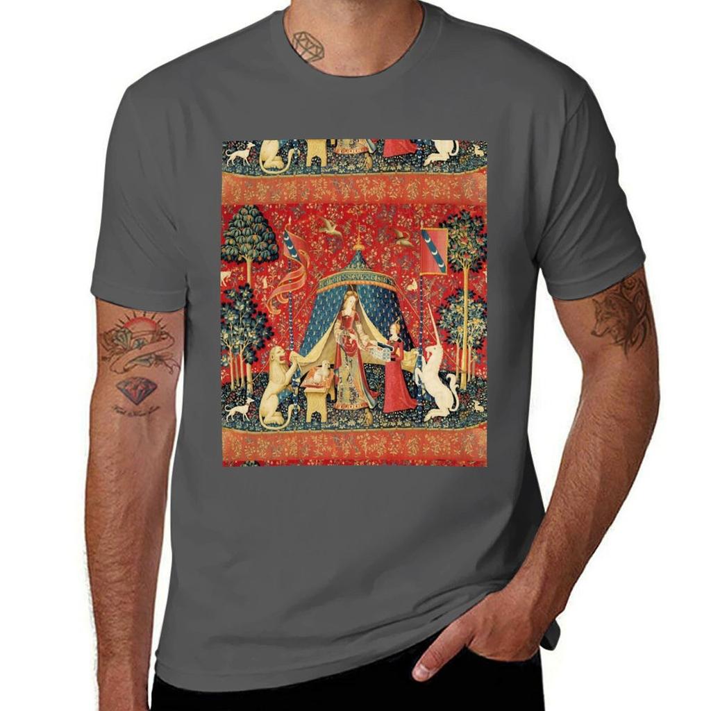 Lady And The Unicorn Desire Lionfantasy Flowersanimalsred Green Floral Tapestry Tshirt Soft Stretch Short Sleeve Top