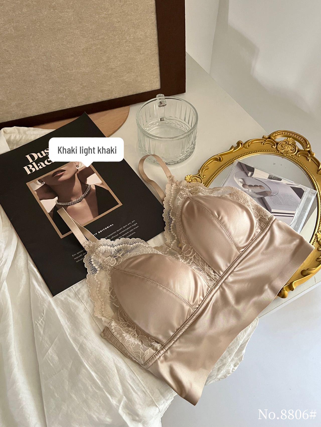 Breathable French Lace & Satin Seamless Strappy Bandeau with Latex Cup for Women M (80-115 jin) хаки