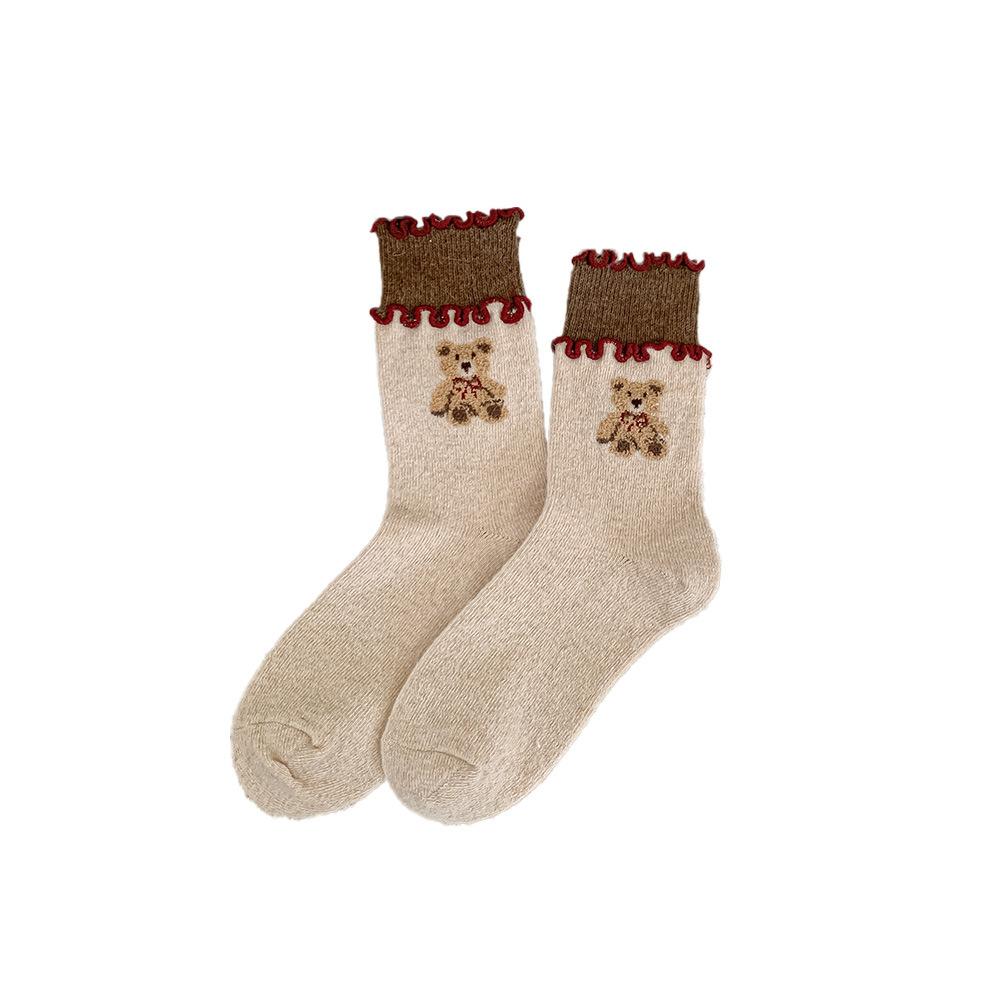 Thickened Warm Wool Socks, Cartoon Bear, Coffee-colored Mid-calf Socks, Double-layer Black Fungus Edge, Pile Mid-calf