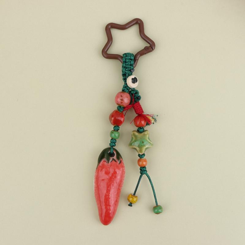 Handmade Ceramic Strawberry Pepper Keychain Vintage Style Smooth Surface Key Ring for Purse Hanging Decoration Gift