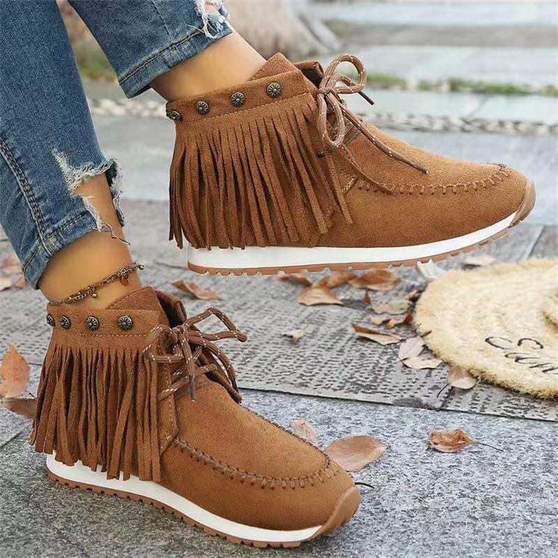 Fashion Tassel Flat Booties Low Top Round Toe  Dressy Close Fitting Casual Shoes Comfortable Women's Fashion Lace Up Ankle Boots