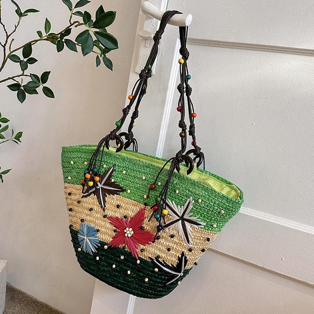 

Starfish Hand-Woven Bag Hand-embroidered Beaded Bohemian Straw Bag Summer Fashion Casual Simple Elegant for Travel Vacation зелёный
