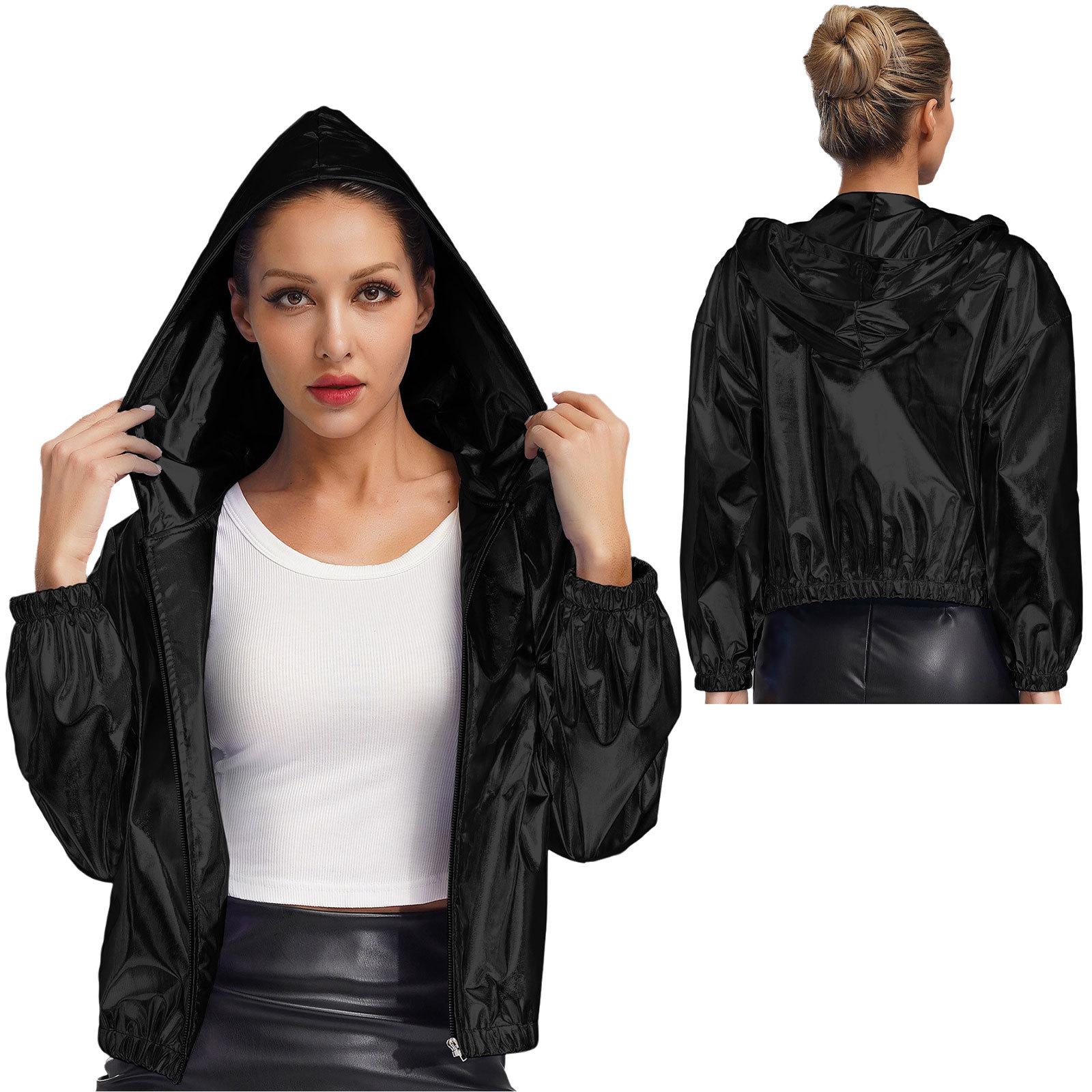 

S-4XL Модна металева куртка для жінок з довгим рукавом, голографічна блискуча куртка-косуха з капюшоном на блискавці для вечірки та нічного виходу S чорний