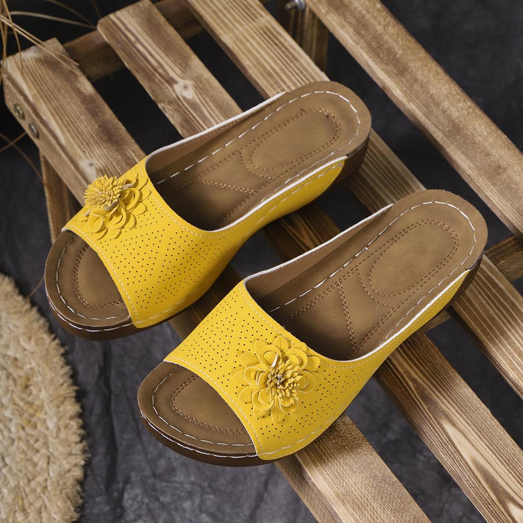 South East Asia Large Size Thick Bottom Hollow One-Word Slippers Open-toed Flower Slope Heel Beach Cool Slippers