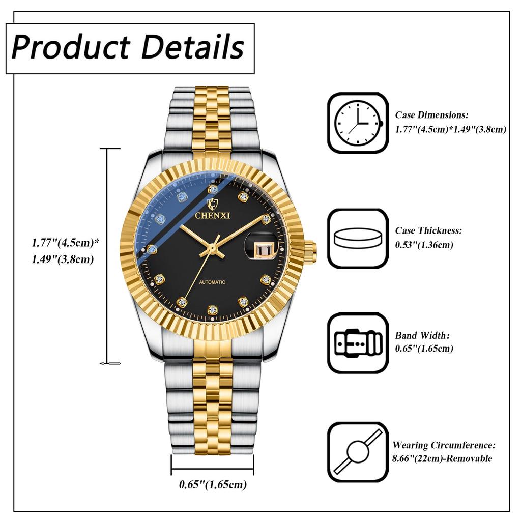Automatic Stainless Steel Waterproof Watch with Analog Simple Casual Business Fashion Accessory Perfect Gift for and Day Men's Diamonds, Display,