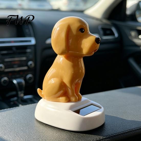 Healing Desk Toy Solar Dog Car Dashboard Toy, Yellow Puppy Nodding Figure, Auto Swing Bumpy Road Stable Decor for Office Desk, Powered Cute