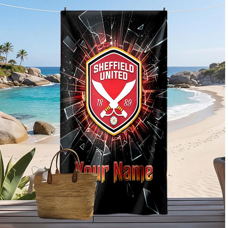 Sheffield United FC Personalisiertes Bedrucktes Strandtuch Fußballlogo Unterstützung Benutzerdefinierter Name Text Absorbierendes Handtuch für Sport Reisen Besonderes Geschenk