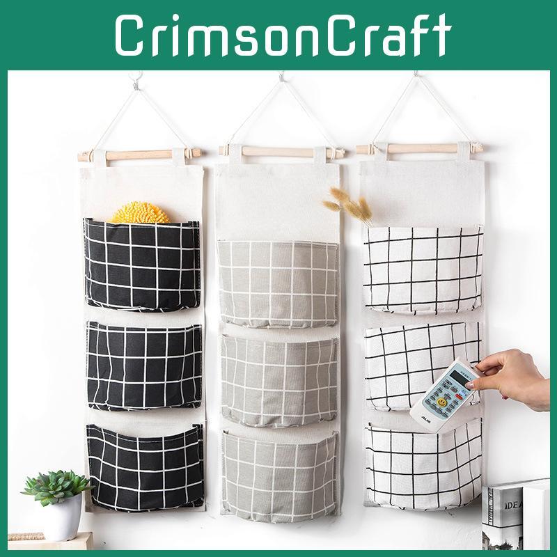 Linen Printed Cotton Waterproof Fabric Storage Three Pockets Organizer Home