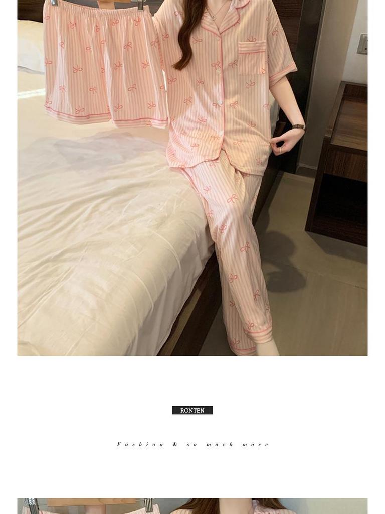 Sweet Striped Bow Print Korean Style Crinkle Pajamas Set for Women - Three-Piece, Short Sleeve Homewear.