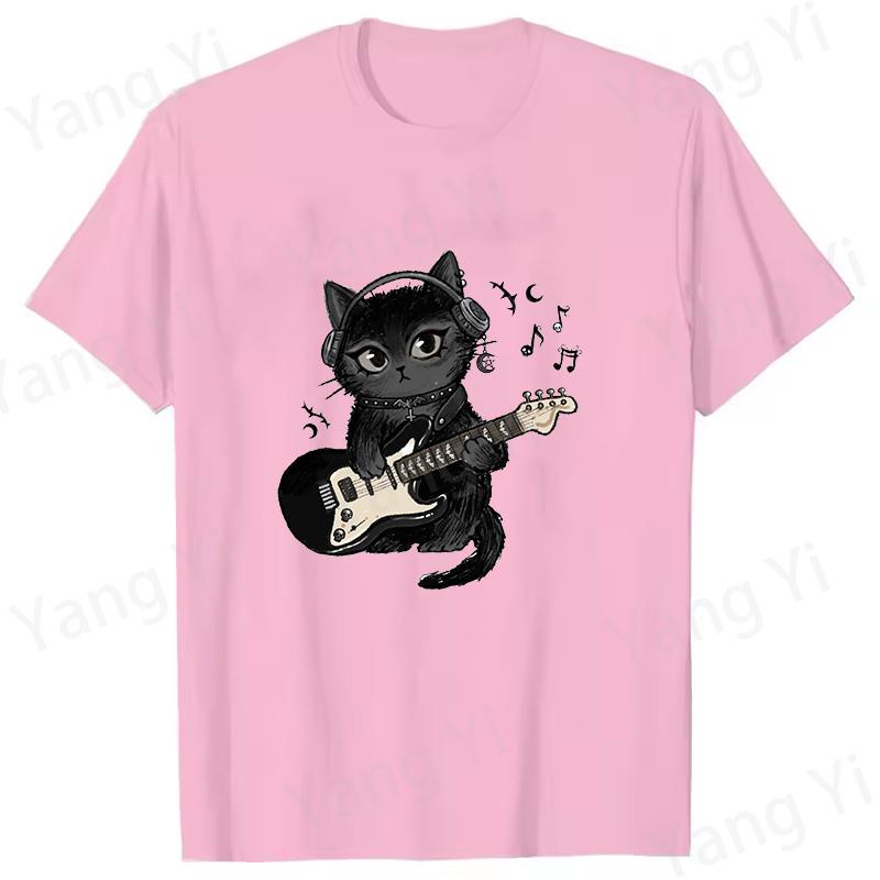 Cartoon Black Cat Playing Electric Guitar Pattern T-shirt Casual Loose T Shirt Women Men Hara