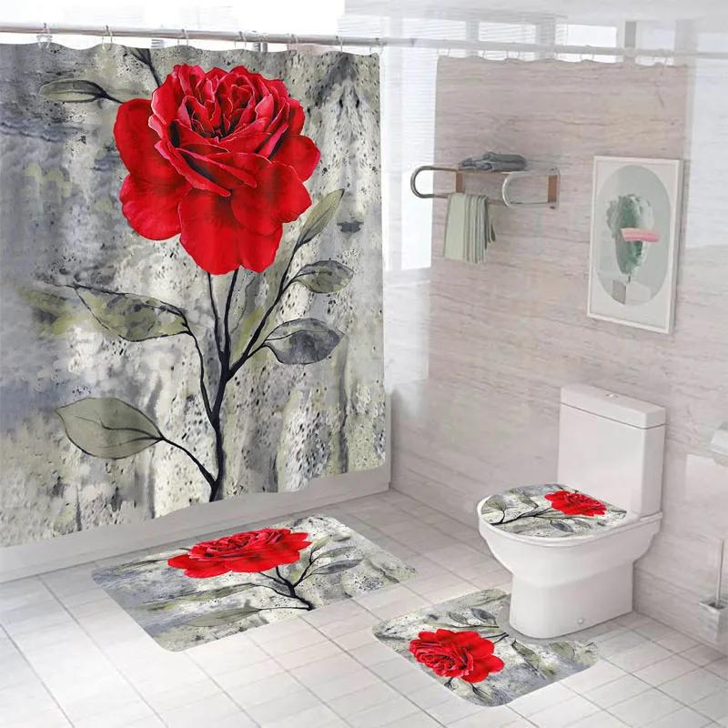 Rose Flower Shower Curtain Set Non-Slip Rugs Bath Mat Toilet Lid Cover And 12 Hooks Waterproof Polyester Bathroom Home Decor