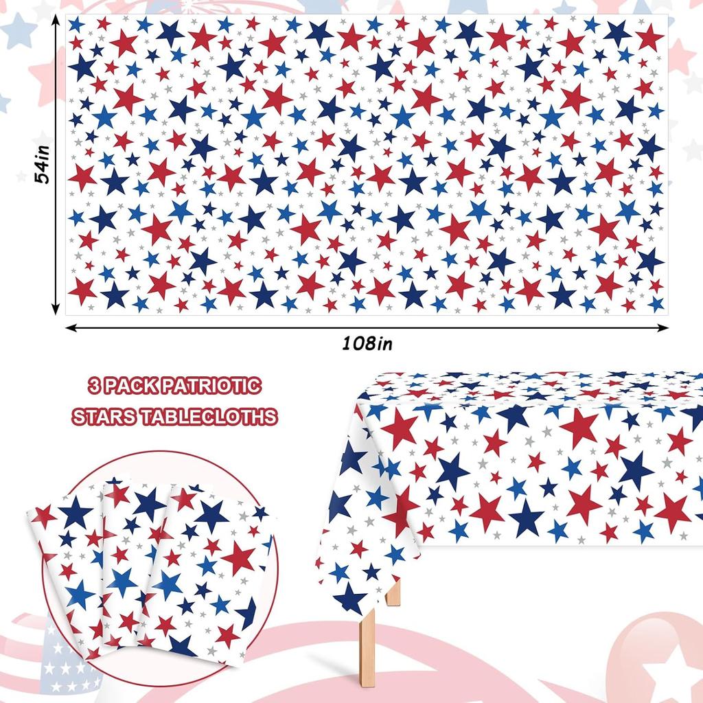 3Pcs n Flag Plastic Tablecloth Patriotic Red White Blue Star Disposable Table Cover 4th of July Rectangle Table Cloth for Independence Memorial Day