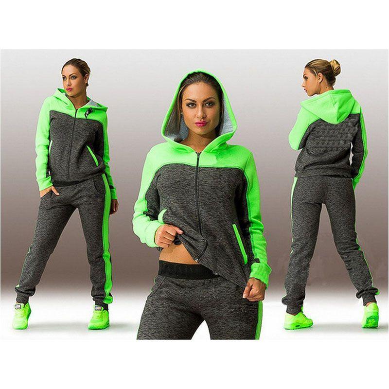 Elegant Splicing Contrast Color Sweater Sports Suit 2pcs Pullover Hoodie Sweatshirt