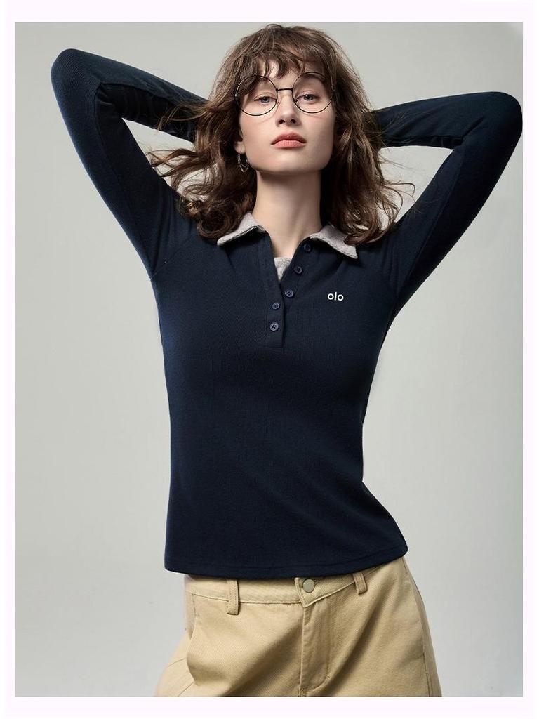 Women's Autumn 2025 Slim Fit Polo Collar Color Block Long Sleeve Top