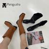 Fashion Retro Square Toe Knight Botas Female Low Heels Motorcycle Boots Women Pu Leather Shoes Solid Slip On Mid-calf Booties Femme
