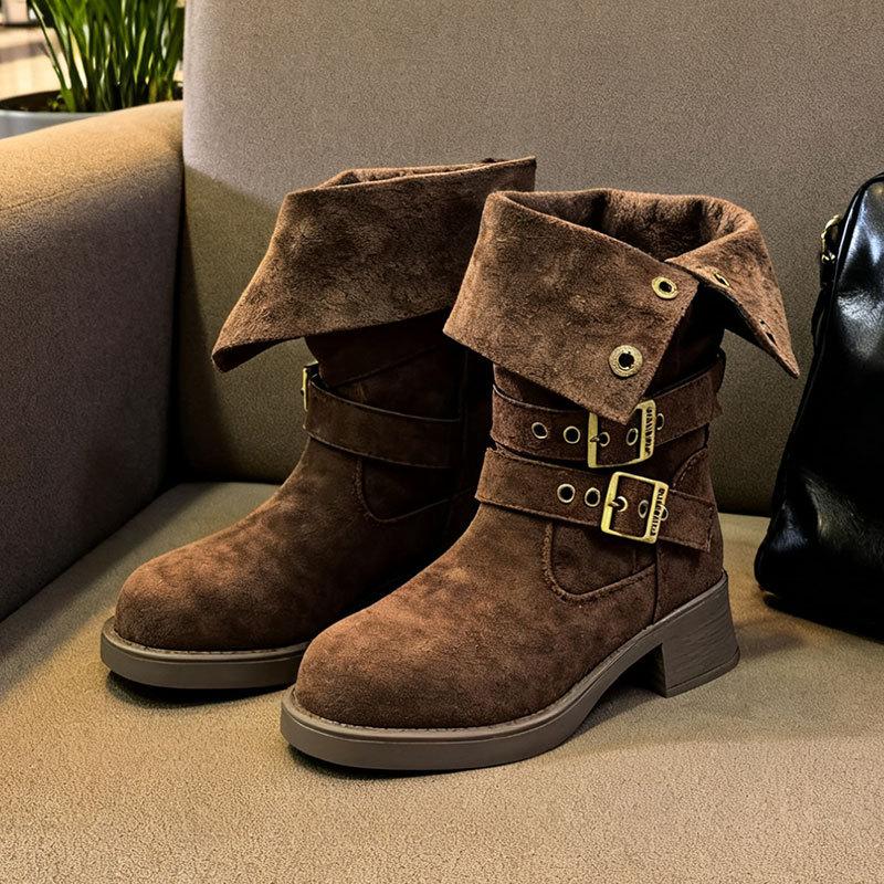 Fashion retro western pile boots women's autumn and winter new thick heel British style belt buckle short knight boots