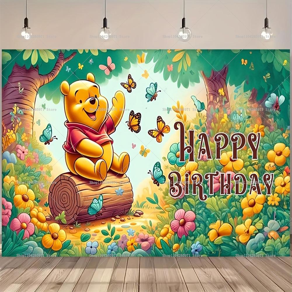 Happy Birthday Party Winnie the Pooh Backdrop Newborn 1st Birthday Photography Background Decor Baby Shower Photo Booth Banner