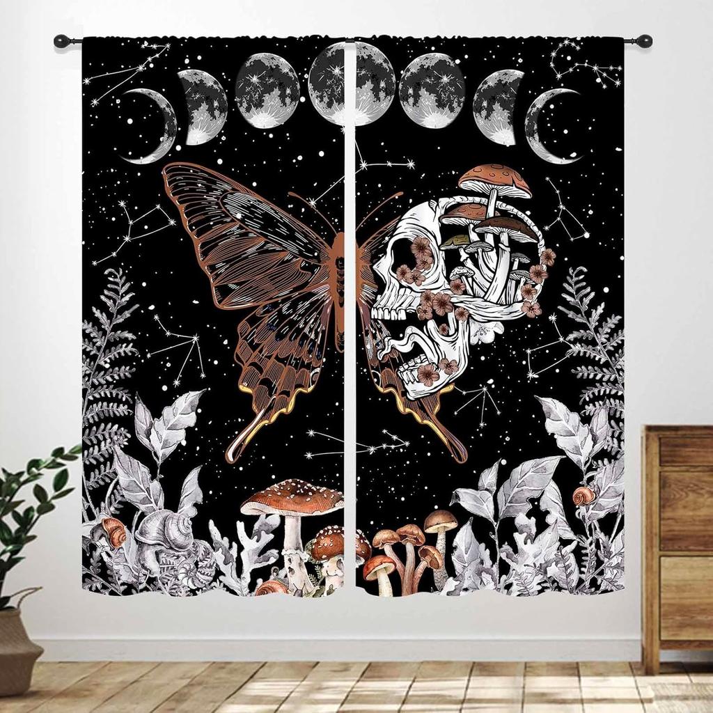 Gothic Skull Window Curtains,Boho Black Red Floral Rose Witchy Mysterious Skull Skeleton Printing Windows Drapes for Bedroom