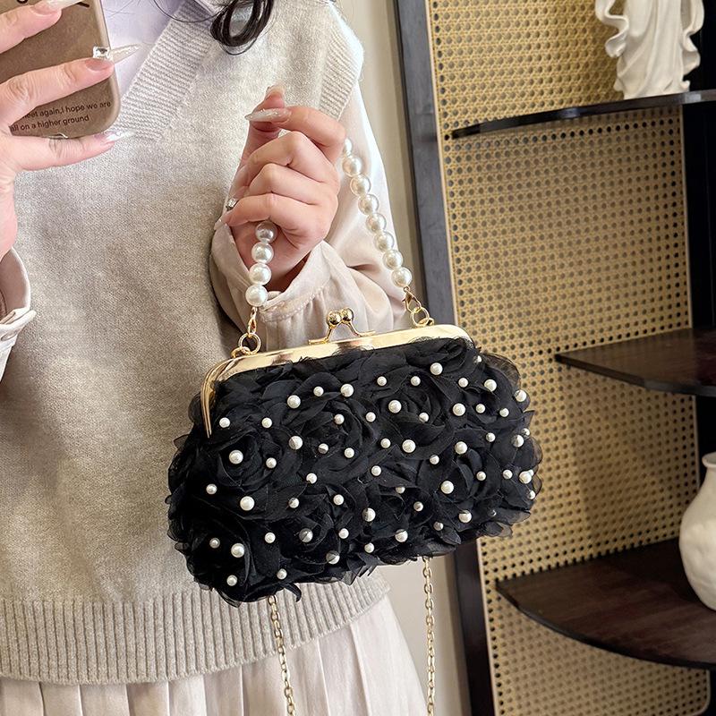 Women's Spring 2025 Pearl Evening Bag with Floral Design and Chain Strap